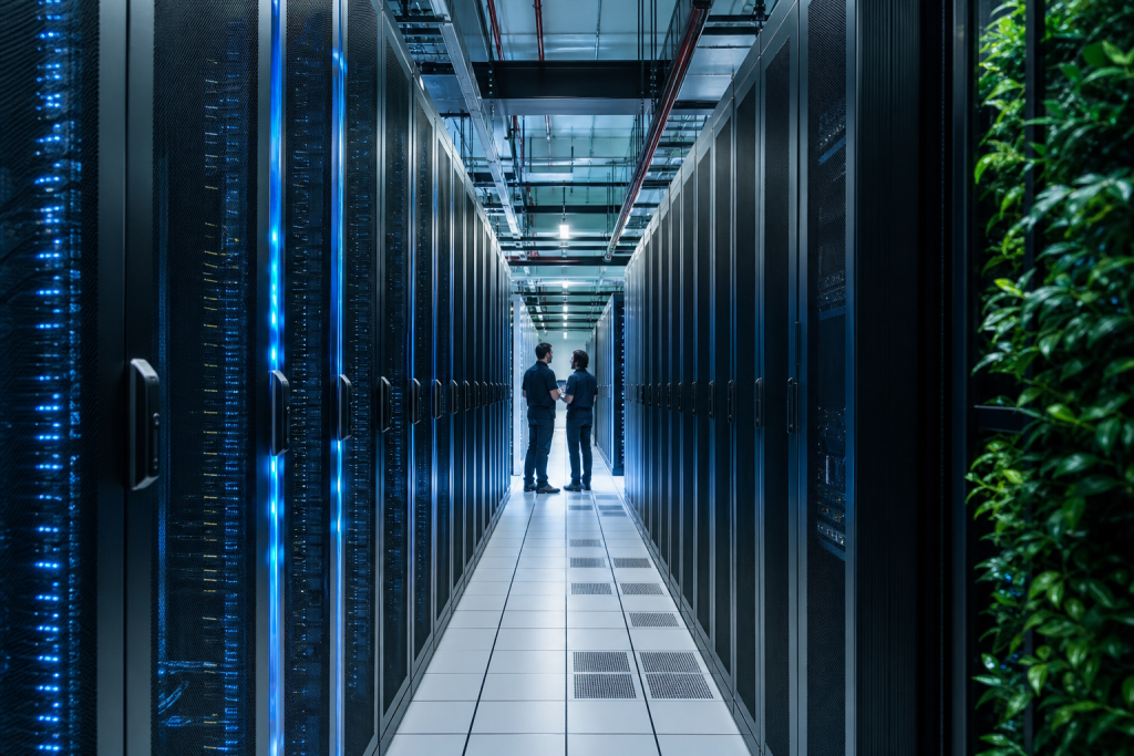 Nova lei cria incentivos fiscais para datacenters e exige contrapartidas de pesquisa no Brasil Fileiras de servidores em um datacenter brasileiro com iluminação azulada