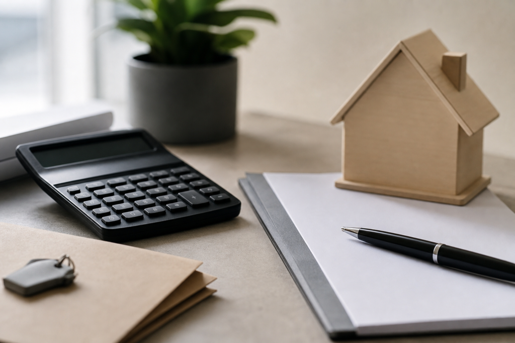 Calculadora, contrato de aluguel e documentos sobre uma mesa, sem textos legíveis, letras, números ou logotipos
