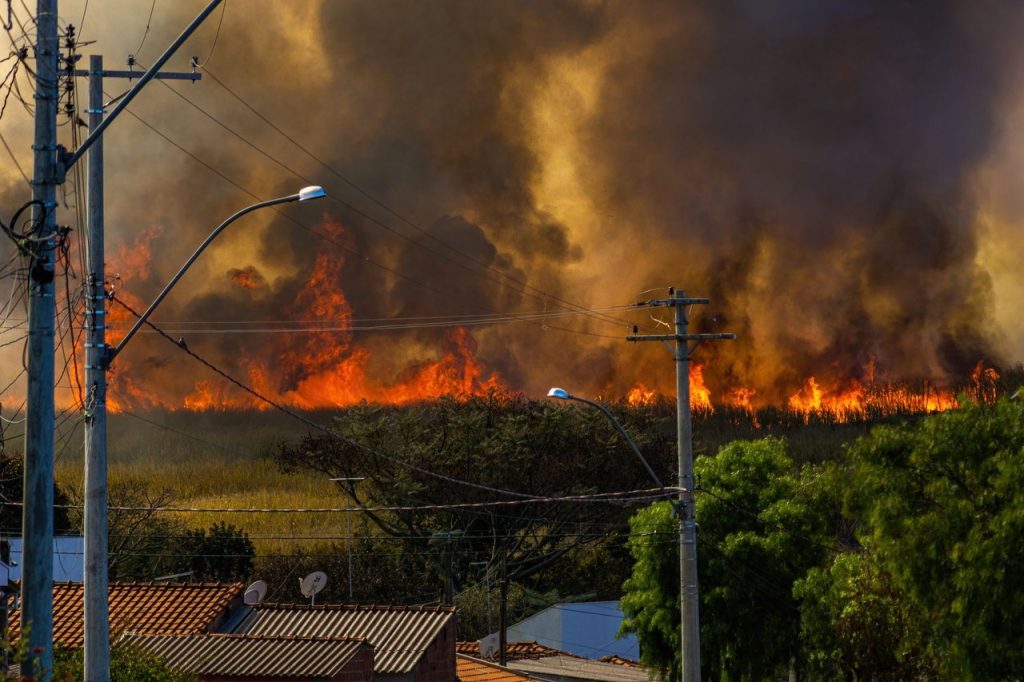 Incêndio florestal avançando nas proximidades de casas, evidenciando o risco para áreas habitadas.